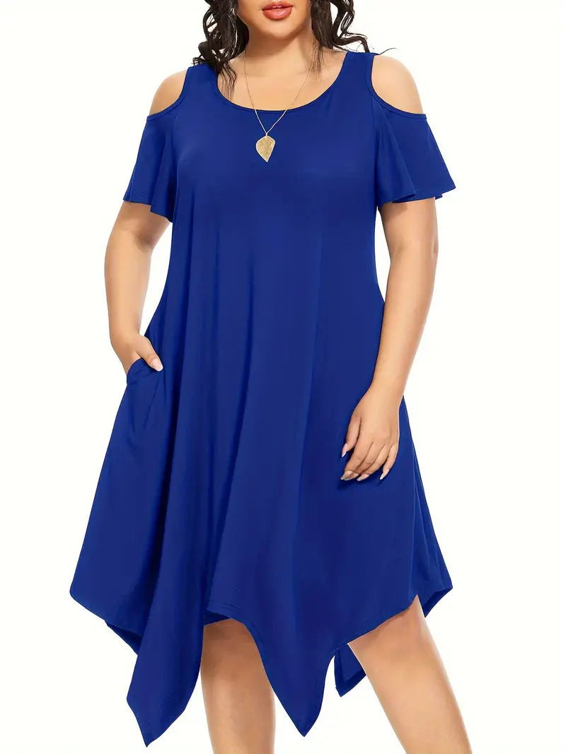 Stunning Solid Cold Shoulder Asymmetrical Hem Dress