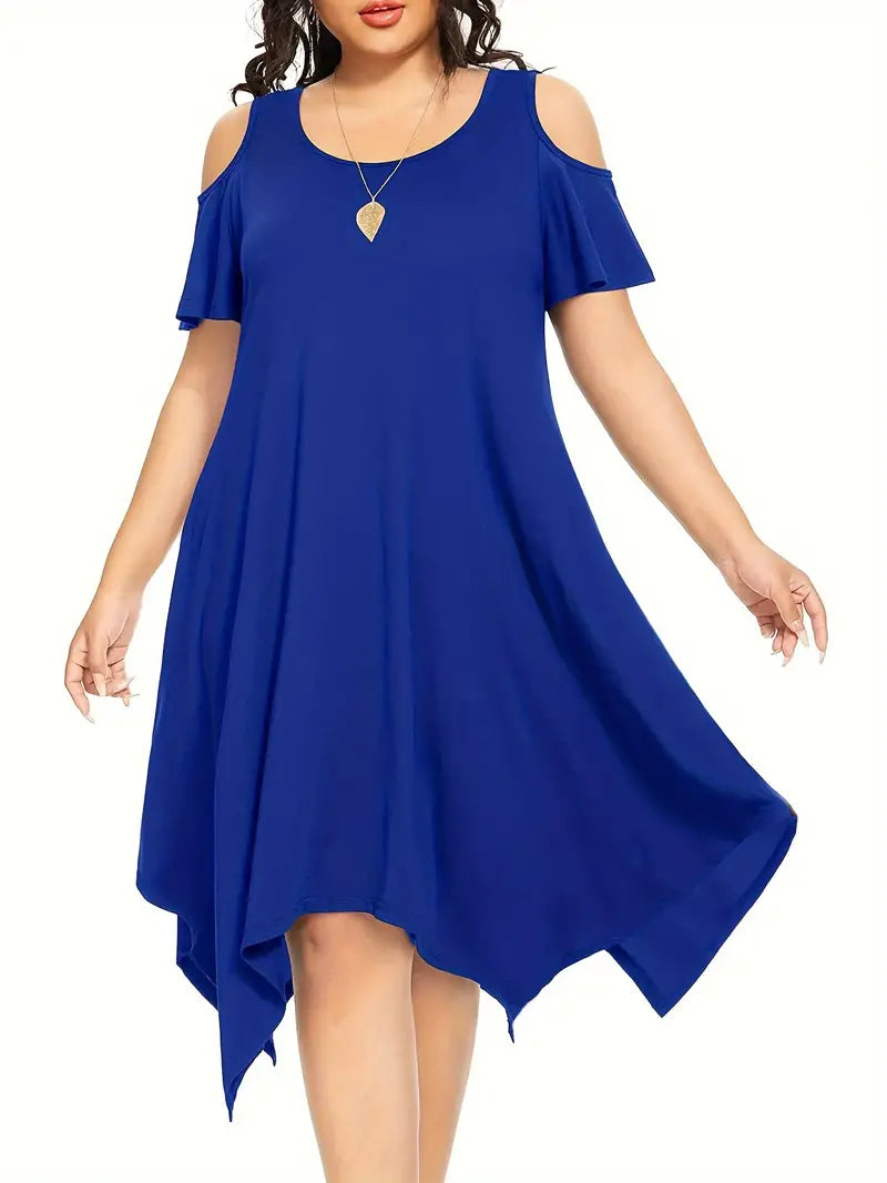 Stunning Solid Cold Shoulder Asymmetrical Hem Dress