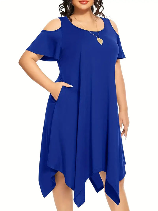 Stunning Solid Cold Shoulder Asymmetrical Hem Dress
