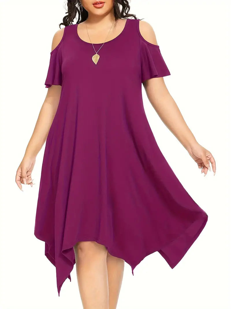 Stunning Solid Cold Shoulder Asymmetrical Hem Dress