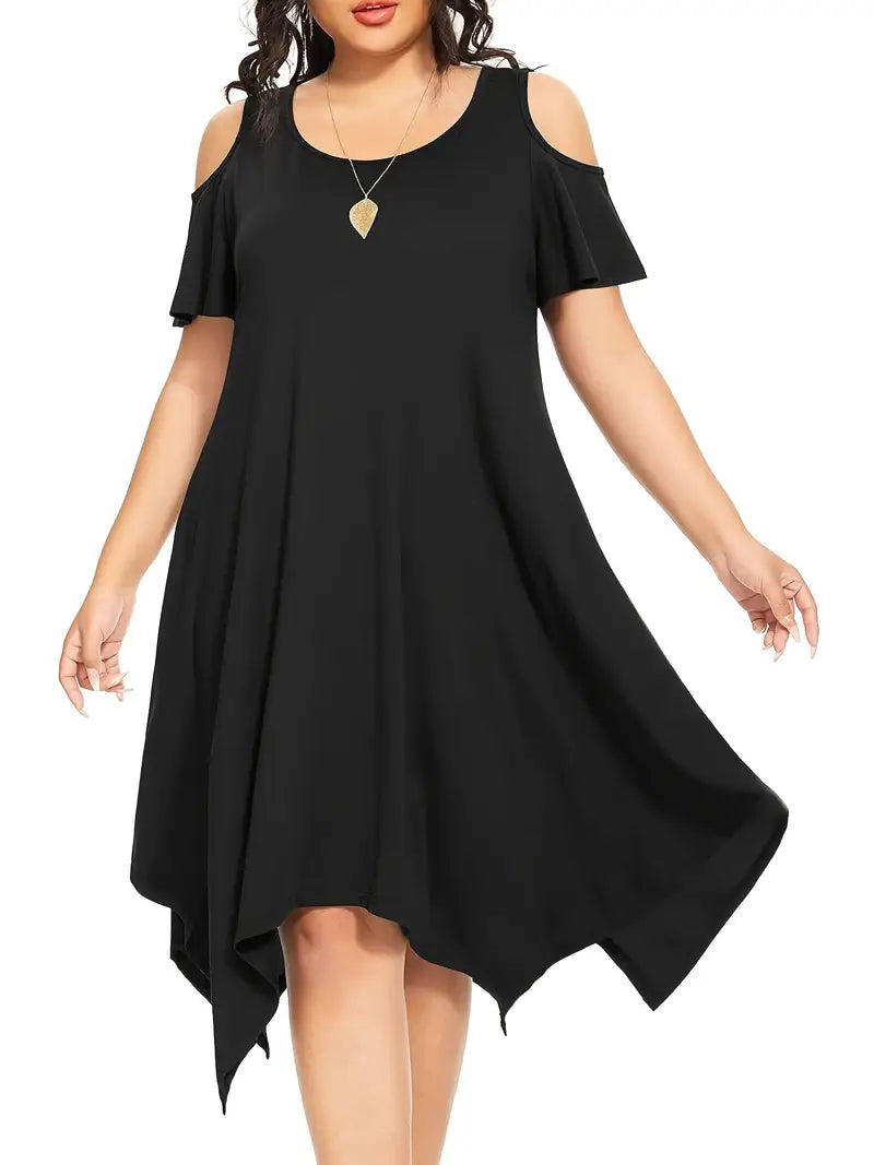 Stunning Solid Cold Shoulder Asymmetrical Hem Dress
