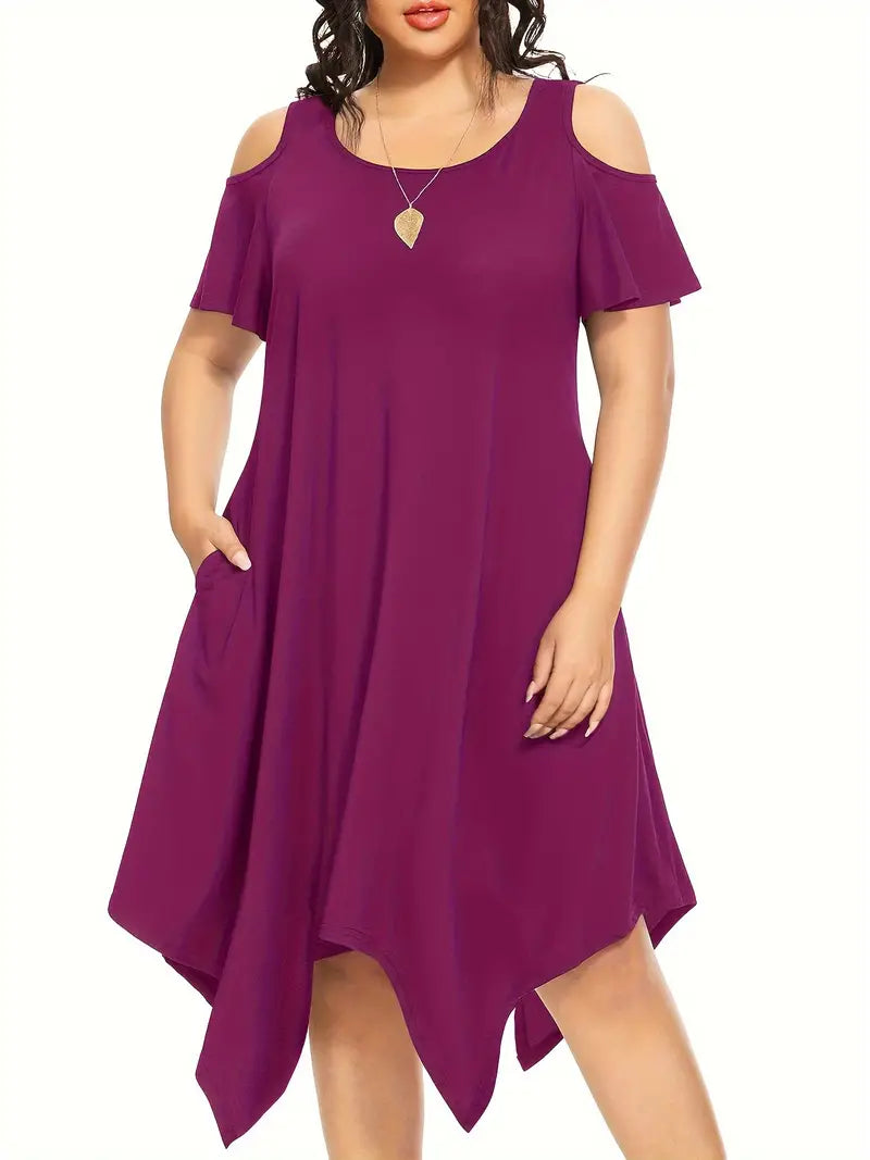 Stunning Solid Cold Shoulder Asymmetrical Hem Dress