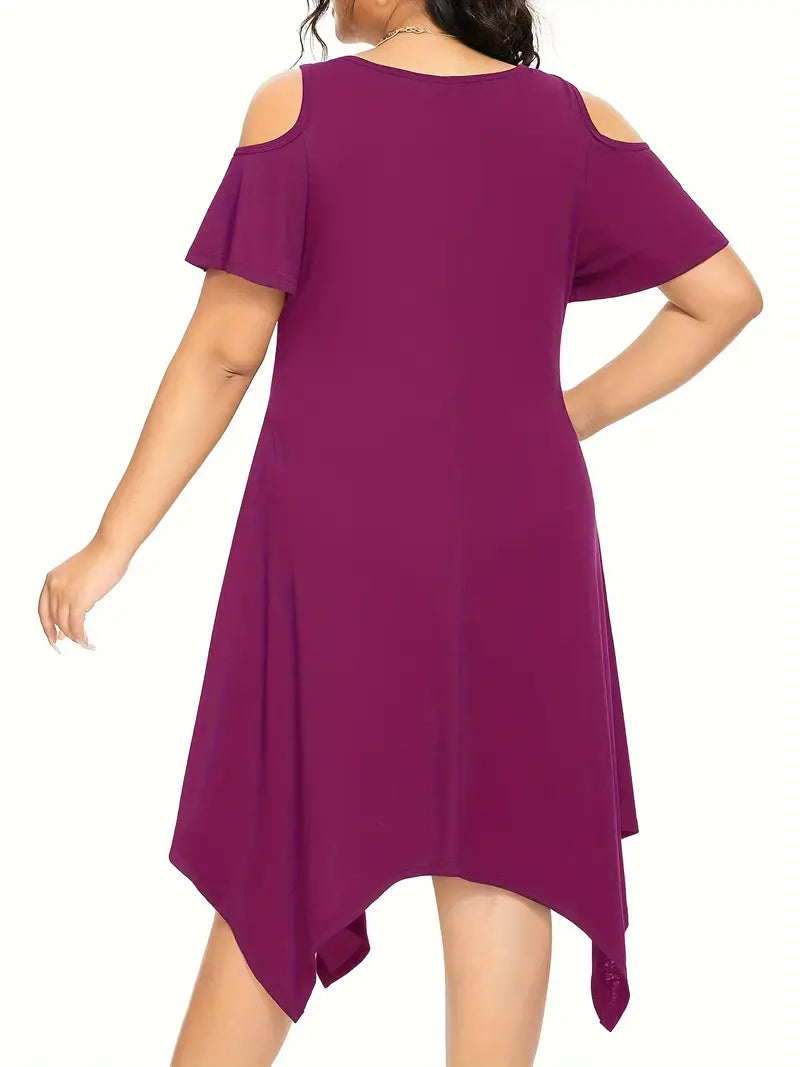 Stunning Solid Cold Shoulder Asymmetrical Hem Dress