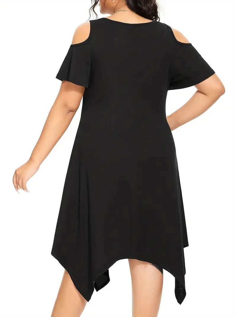Stunning Solid Cold Shoulder Asymmetrical Hem Dress