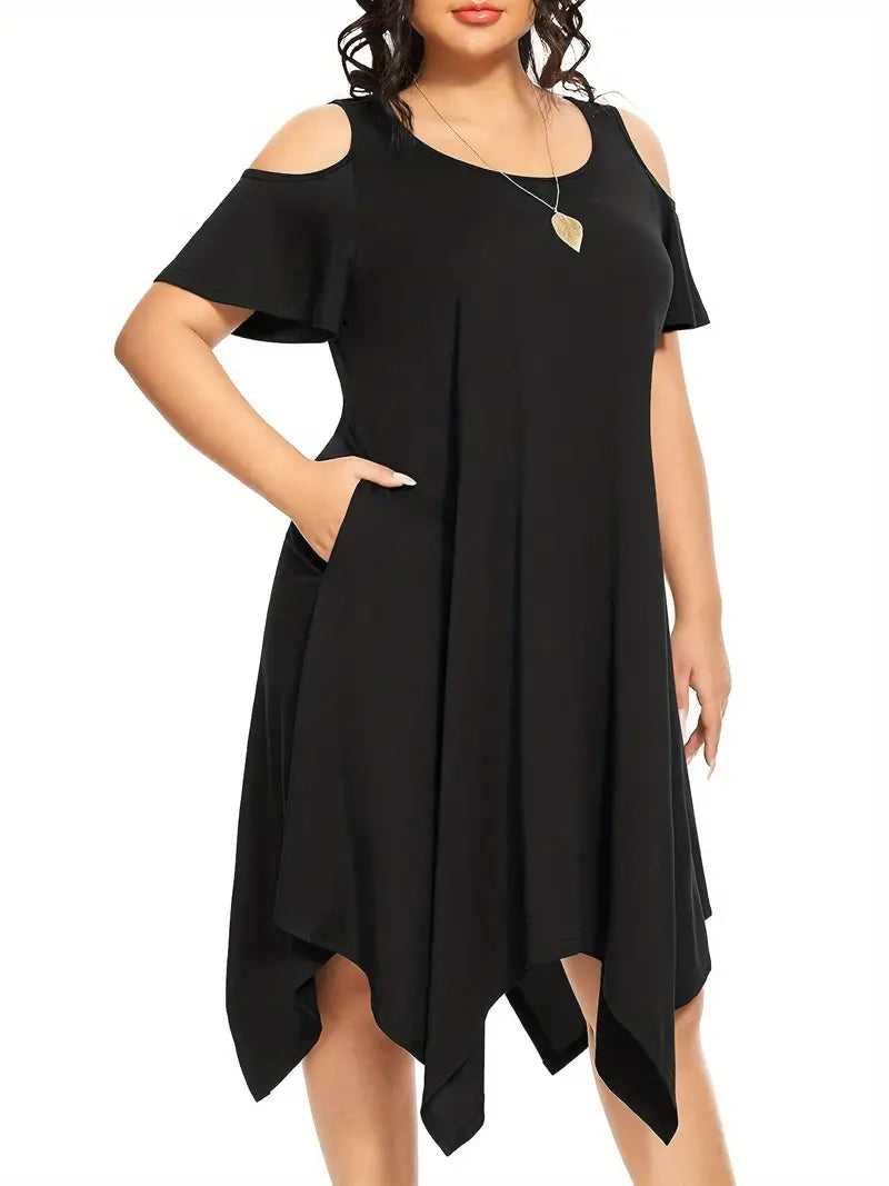 Stunning Solid Cold Shoulder Asymmetrical Hem Dress