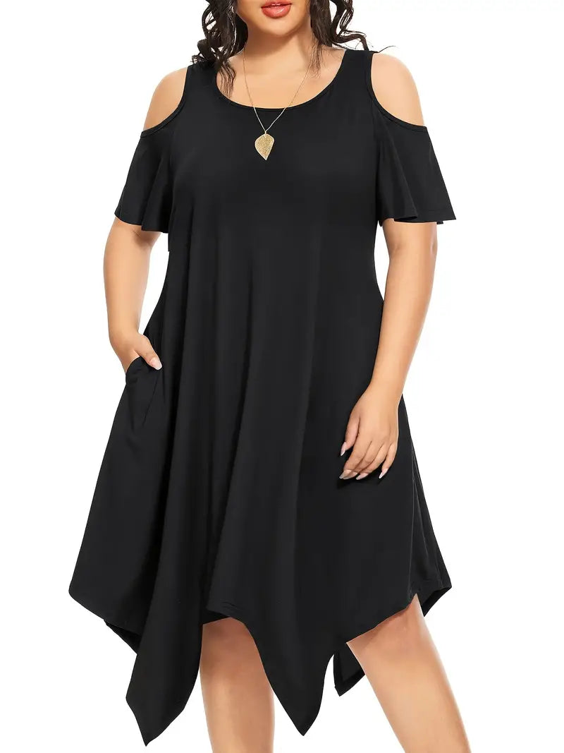 Stunning Solid Cold Shoulder Asymmetrical Hem Dress